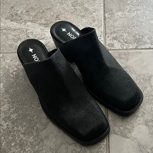 NODALETO Black Shimmer Bulla Square-Toe Block-Heel Mules, Size 37, Retail $1,500